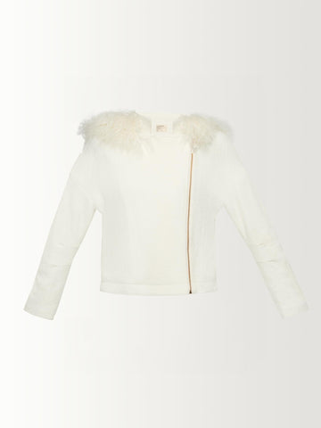 PLEATED SLEEVE JACKET W/ FUR TRIMMED HOOD