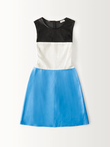 COLOR BLOCK DRESS W/ LEATHER MESH