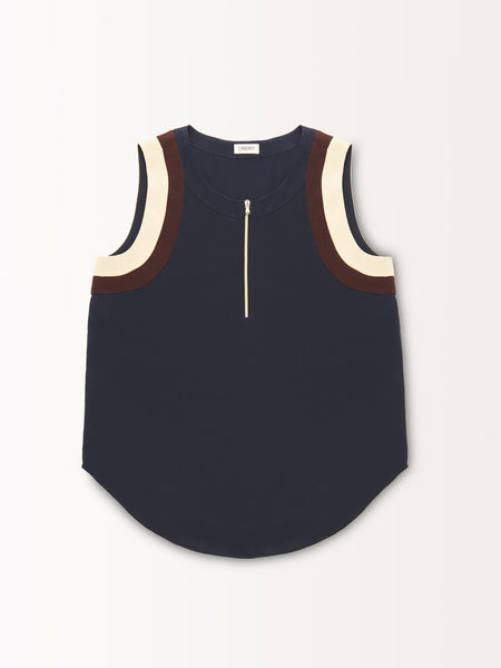 SLEEVELESS ZIP FRONT BLOUSE W/ INSETS
