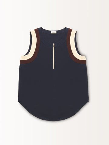 SLEEVELESS ZIP FRONT BLOUSE W/ INSETS
