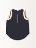 SLEEVELESS ZIP FRONT BLOUSE W/ INSETS