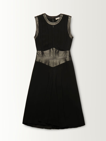 PLEATED SLIT BODICE DRESS WITH LEATHER